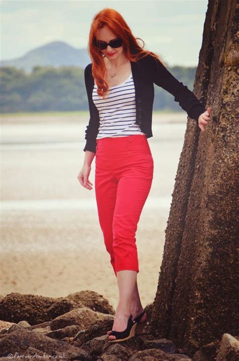 Red Capri Pants And Striped Top Capri Pants Outfits Jeans Pants Outfit