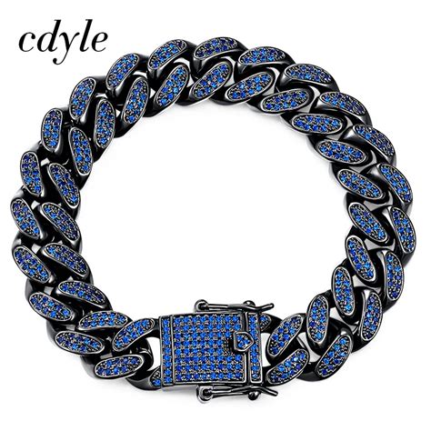 Cdyle Black Cuban Link Chain Bracelet With Shining Royal Blue Zircon