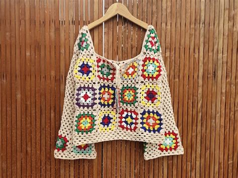 Granny Square Crochet Long Sleeve Vest Bolero Jacket Tie Front Women