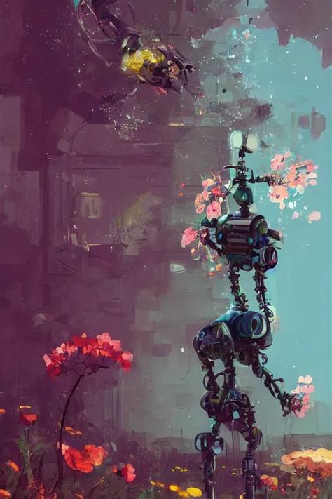 A Painting Of A Robot With Flowers In Front Of It A Stable Diffusion