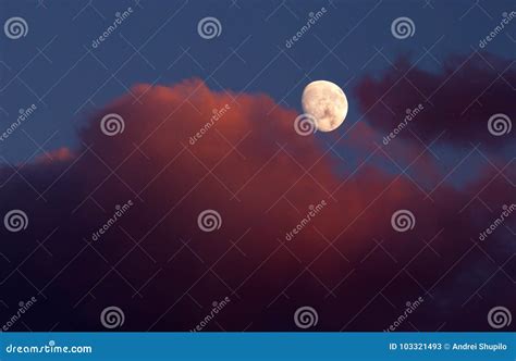 Moon In The Sky And A Red Cloud Stock Image Image Of Full Glowing