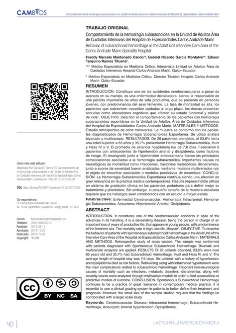 PDF Comportamiento De La Hemorragia Subaracnoidea En La Unidad