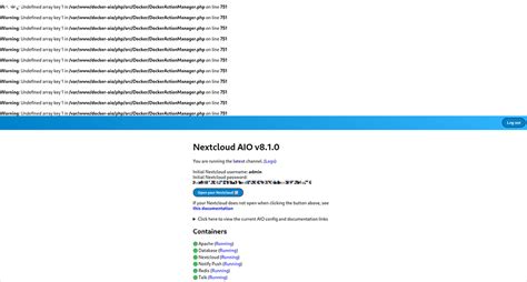 Nextcloud AIO Admin Interface With Php Error Appliances Docker