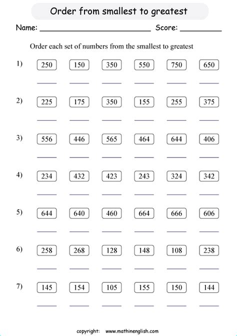 Ordering Numbers 3 Digit Worksheets