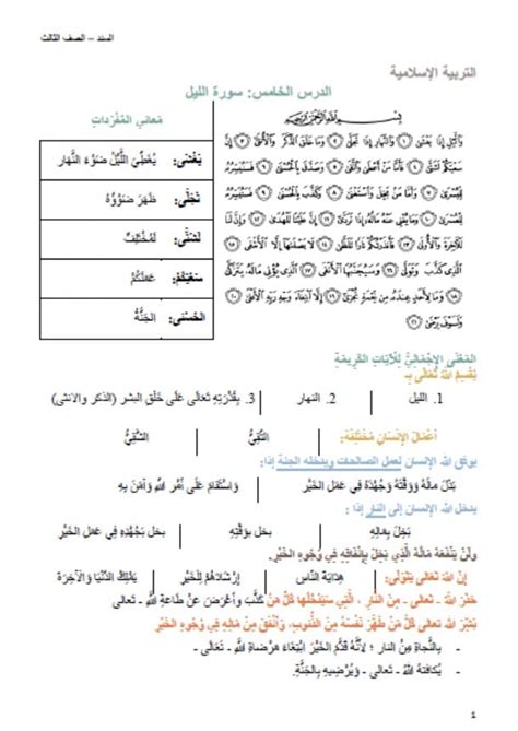 أوراق عمل درس سورة الليل التربية الإسلامية الصف الثالث ملفاتي