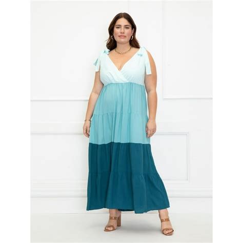 Eloquii Elements Womens Plus Size Coloblocked Tiered Maxi Dress