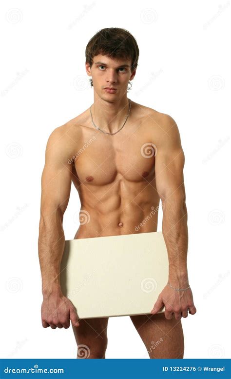 Nude Man Covering With A Copy Space Blank Banner Stock Photo Image Of Male Athlete 13224276