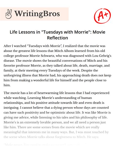 Life Lessons In Tuesdays With Morrie Movie Reflection Free Essay