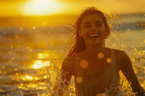 Premium Photo Joyful Young Woman Splashing Water At Sunset On The