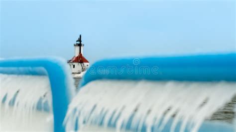 St. Joeseph Michigan North Pier Light House Covered in Ice. Stock Image ...