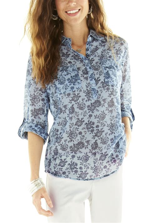 Hannah Light Blue Floral Chambray Top Stage Stores Chambray Top Denim Trends Tops