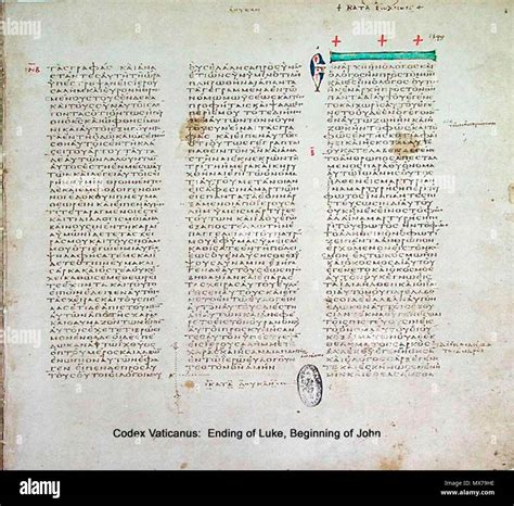 . English: Ending of Luke and Beginning of John in Codex Vaticanus, manuscript of New Testament ...