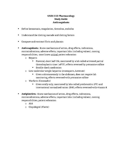 UNRS 113 Study Guide Coagulation Modifiers UNRS 113 Pharmacology