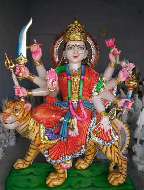 Golden Painted White Marble Durga Maa Statue Size 5 Feet For Worship