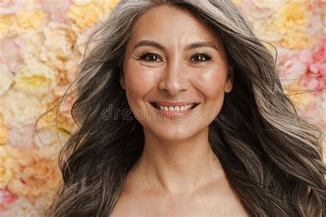 Smiling Mature Topless Woman Standing Posing Stock Image Image Of