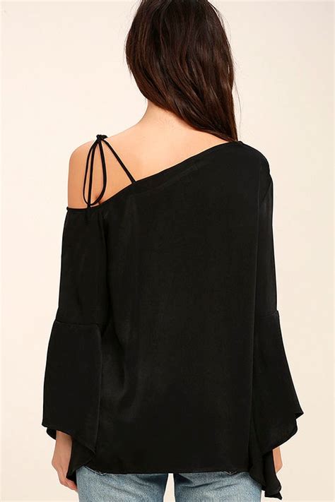 Chic Black Top Asymmetrical Top One Shoulder Top Bell Sleeve Top