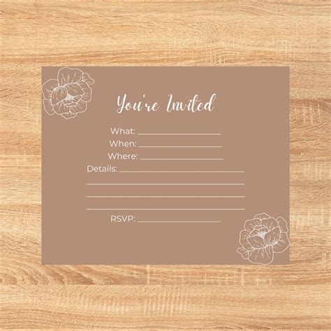 Simple Brown Flower Invitation Set Of 4 4x5 Inch Printable Invitations For Birthday Graduation