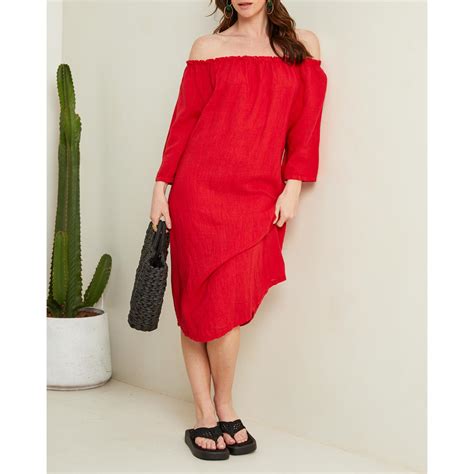 Red Linen Bardot Midi Dress Brandalley