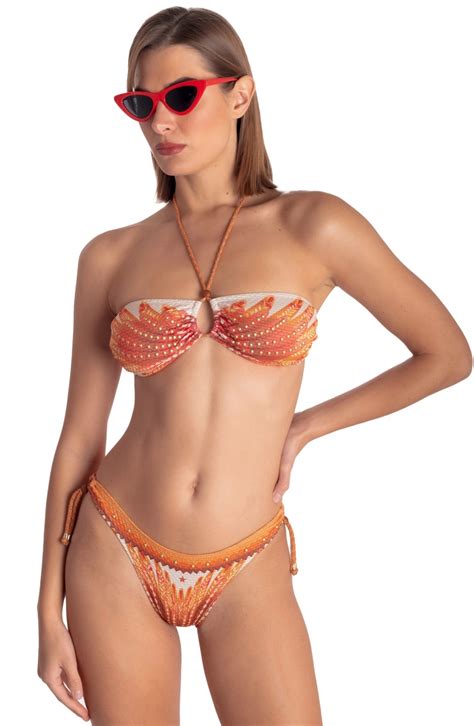 BIKINI FASCIA IMBOTTITA CON BORCHIE STAMPA WINGS Taglia S Colore Arancio Slip Brasiliana Fiocchi