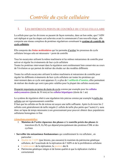 17 Contrôle Du Cycle Cellulaire Les DiffÉrents Points De ContrÔle Du