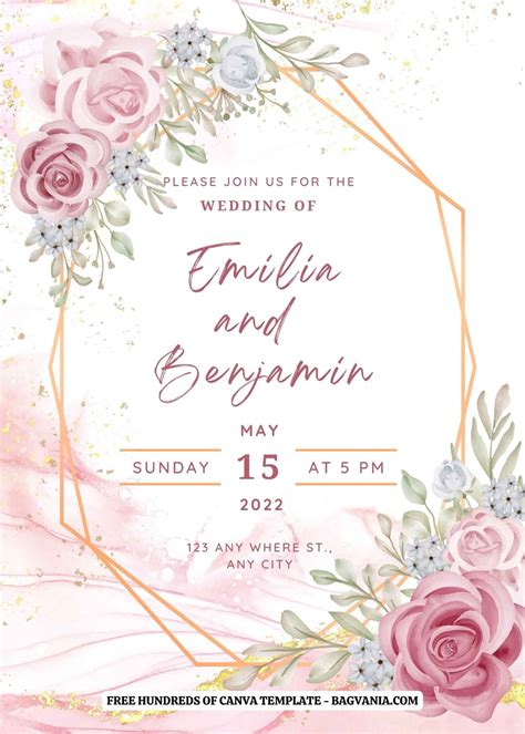 A Wedding Card With Pink Roses And Greenery