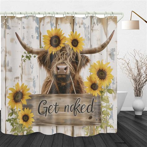 Amazon VANZEV Sunflower Highland Cow Shower Curtain Get Naked