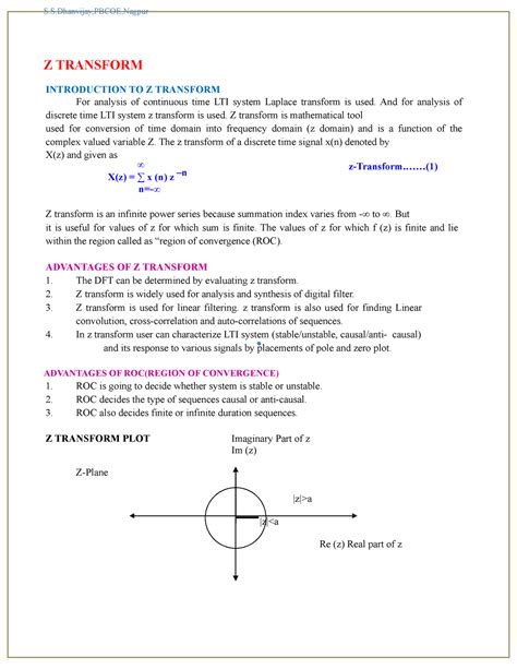 Unit Dsp Notes Dsp Unit Z Transform Introduction To Z Transform