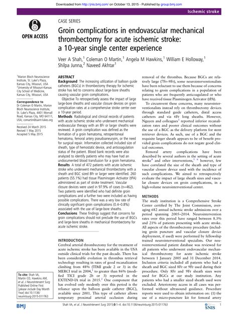 (PDF) Groin complications in endovascular mechanical thrombectomy for acute ischemic stroke: A ...