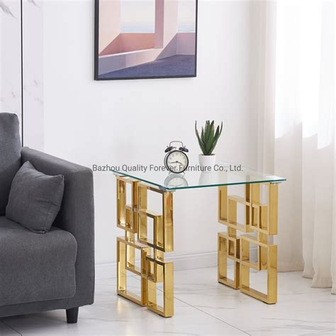 Modern Glass Top Gold Stainless Steel Sofa Bed Side Table China