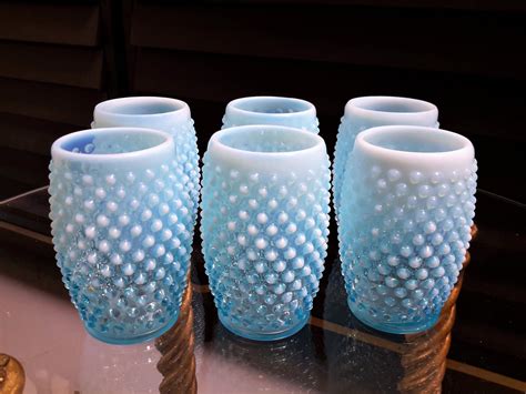 Fenton Blue Opalescent Hobnail Tumbler Barrel Glasses 12 Oz Set Of 6 Fenton Glass Mid