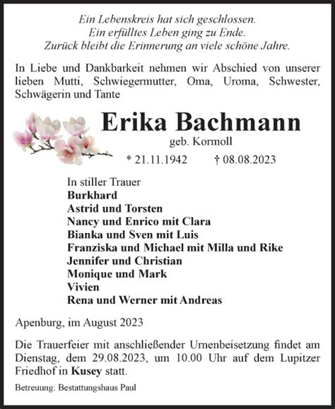 Traueranzeigen Von Erika Bachmann Abschied Nehmen De