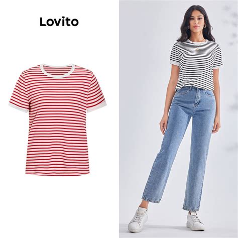 Lovito Camiseta Básica Casual Listrada Colorblock Para Mulheres