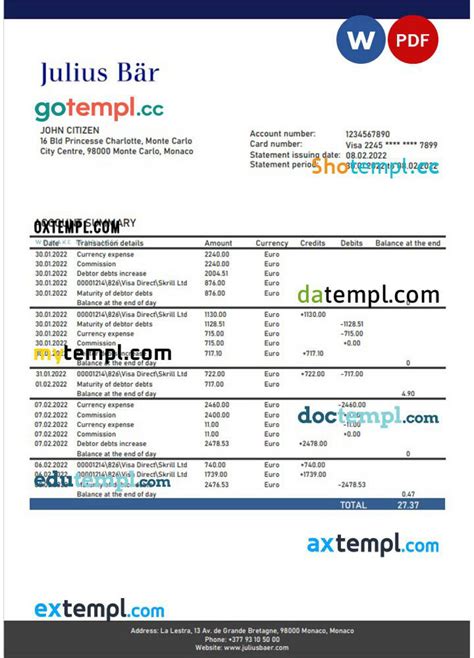 Doctempl Monaco Julius Bar Banking Statement Easy To Fill Template In