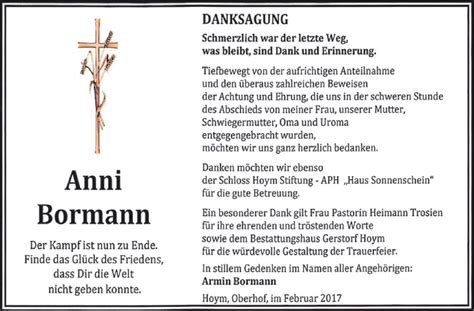 Traueranzeigen Von Anni Bormann Abschied Nehmen De