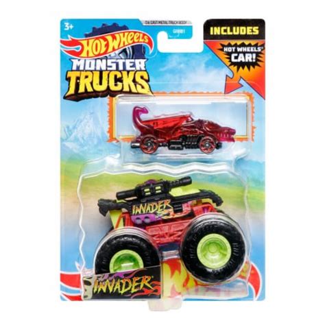 Hot Wheels Monster Trucks 1:64 Scale Invader Black/Red, Includes Hot ...