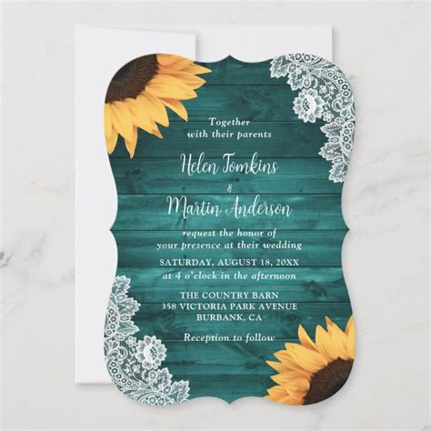 Rustic Teal Wood Lace Sunflower Wedding Invitation Zazzle