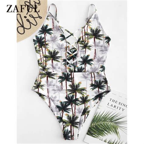 ZAFUL Coconut Trees One Piece Swimwear Women Lattice High Waist