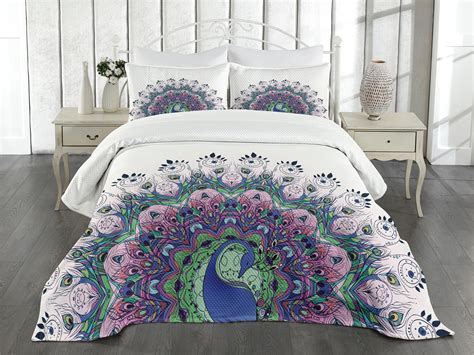 Ambesonne Colorful Quilted Bedspread Set Pcs Exotic Wild Peacock