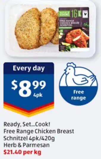 Free Range Chicken Breast Schnitzel 4pk420g Herb And Parmesan Offer At Aldi