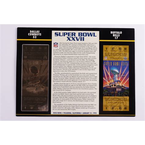 Super Bowl XXVII Commemorative Score Card With 22kt Gold Ticket