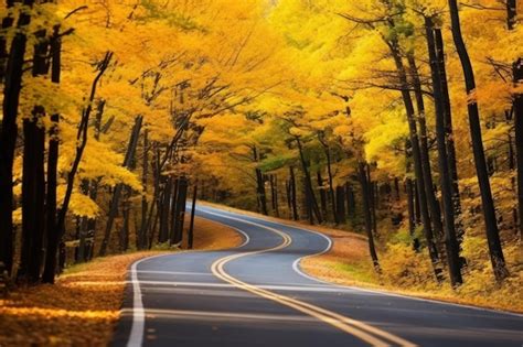 Belas Vistas Da Estrada De Asfalto Que Atravessa A Floresta De Outono