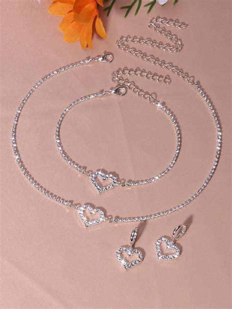 4pcs Rhinestone Heart Decor Jewelry Set Jewelry Lookbook Pretty Jewelry Necklaces Fancy Jewelry