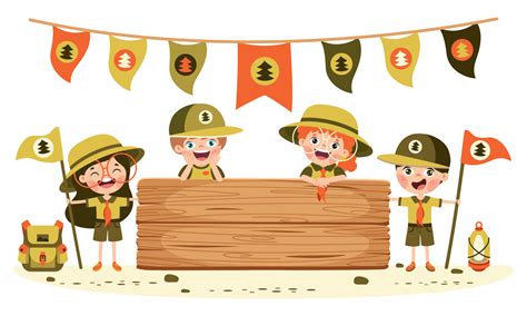 Cartoon Scouts With Wooden Signboard 13481091 Vector Art At Vecteezy