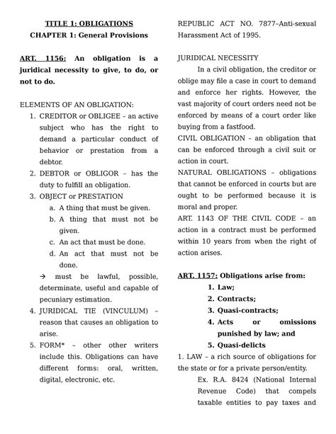 Law Notes Obligations Title 1 Obligations Chapter 1 General