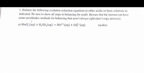 Solved 1 Balance The Following Oxidation Reduction Equations In