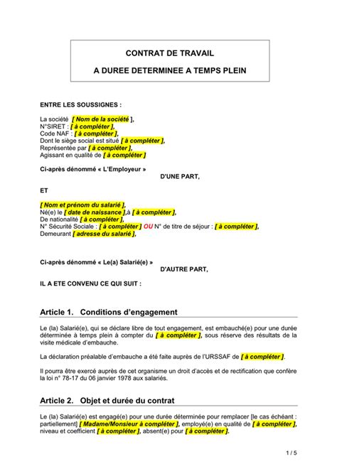 Contrat De Travail A Duree Determinee A Temps Plein DOC PDF Page 1