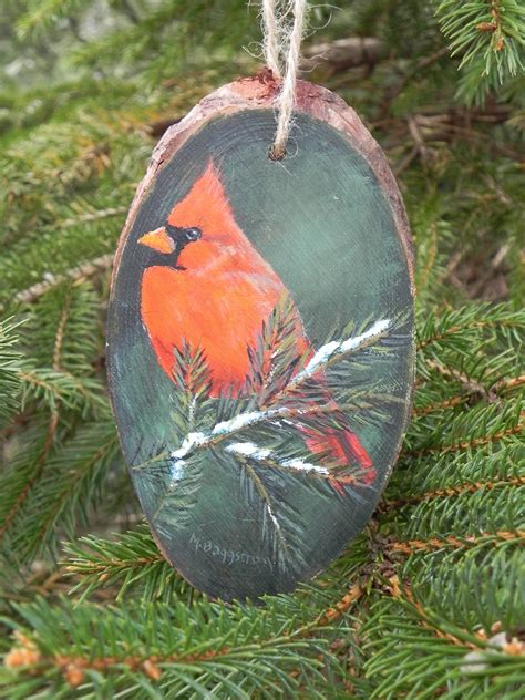 Male Cardinal Ornament On Wood Tree Slice Original Acrylic Etsy