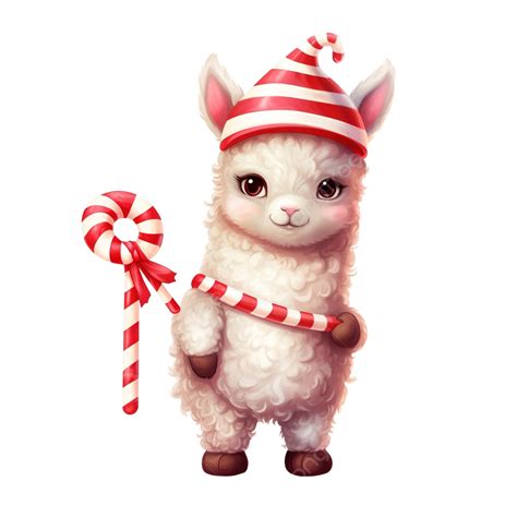 Cute Alpaca Or Llama Holding Candy Cane Cartoon Animal In Christmas