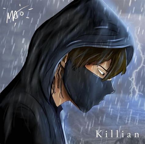 A Man With A Black Mask On His Face And Rain Falling Down Over Him In