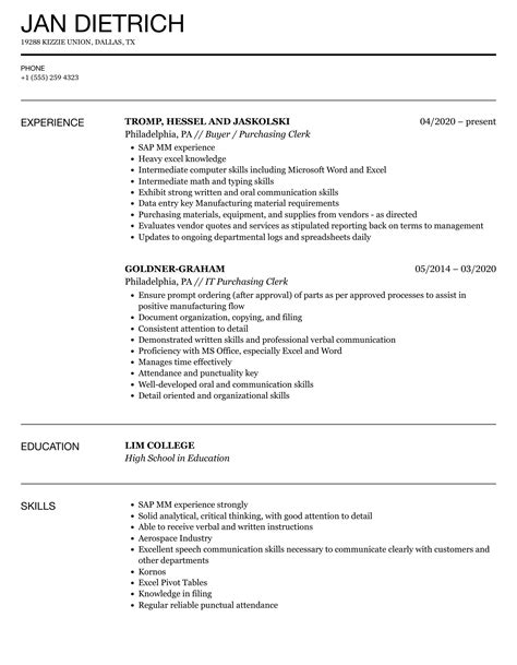 Purchasing Clerk Resume Samples Velvet Jobs